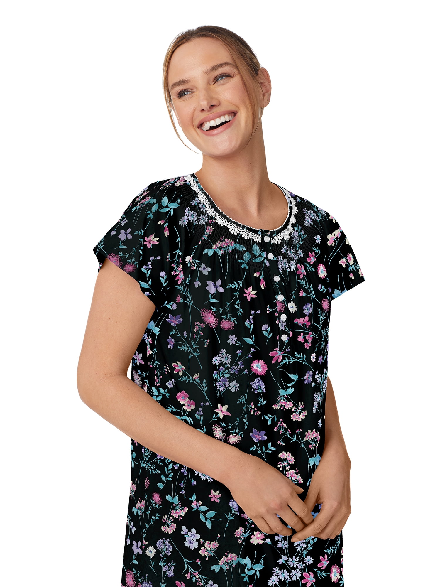 Aria Women's 100% Cotton Raglan Sleeve Smocked Neck 40" Sleepwear Gown, Sizes XS-5X