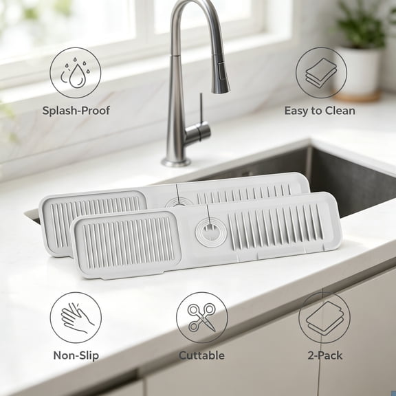 Truelife 2-Pack Silicone Faucet Mat for Kitchen Sink, 24" x 5.5" Splash Guard with Raised Stripes, Drip Catcher Tray, Non-Slip Soap and Sponge Organizer, Gray