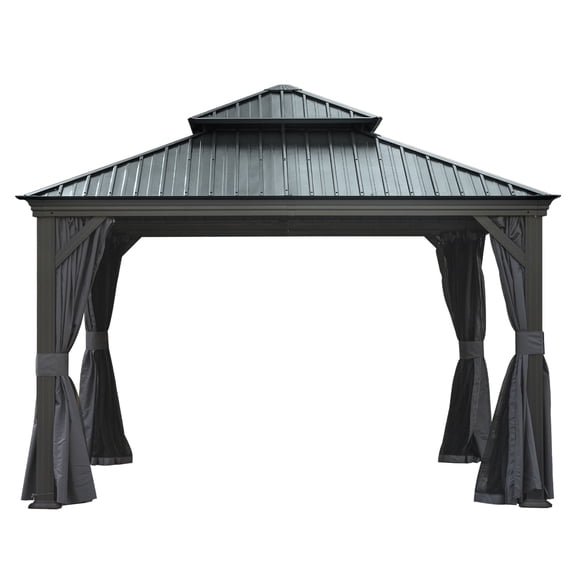 12' X 12' Hardtop Gazebo, Upgraded Metal Gazebo with Drainage System, Dual-Layer Galvanized Steel Roof, Curtain and Netting, Outdoor Shelter Canopy for Patio, Garden, and Backyard, Grey