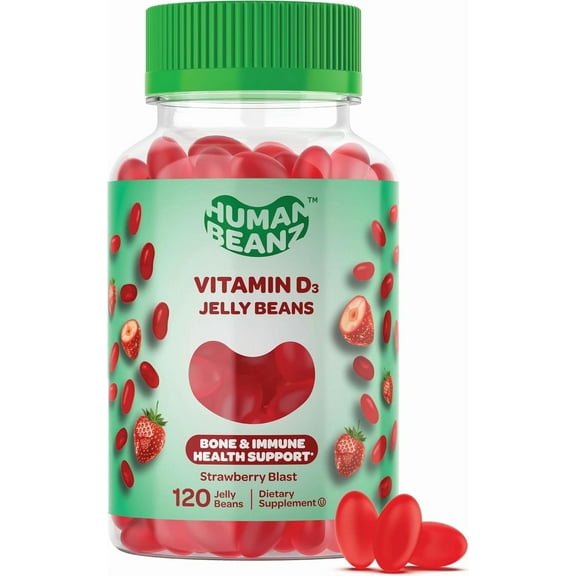 Human Beanz Vitamin D3 Jelly Beans 2000 IU, Immune Support & Bone Health for Adults, Vegetarian D3 Supplement, Gluten-Free Non-GMO Kosher Halal, 120 Strawberry Gummies