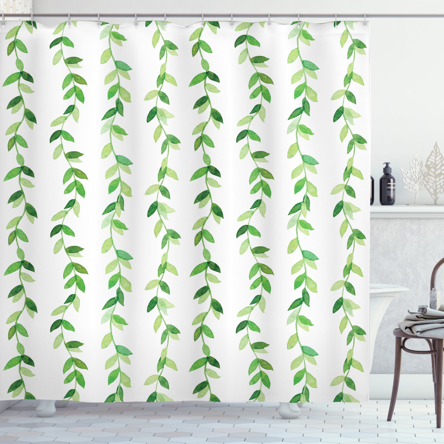 Ivy Green Leaves Wall Pattern Bathroom Waterproof Fabric Shower Curtain Hooks 