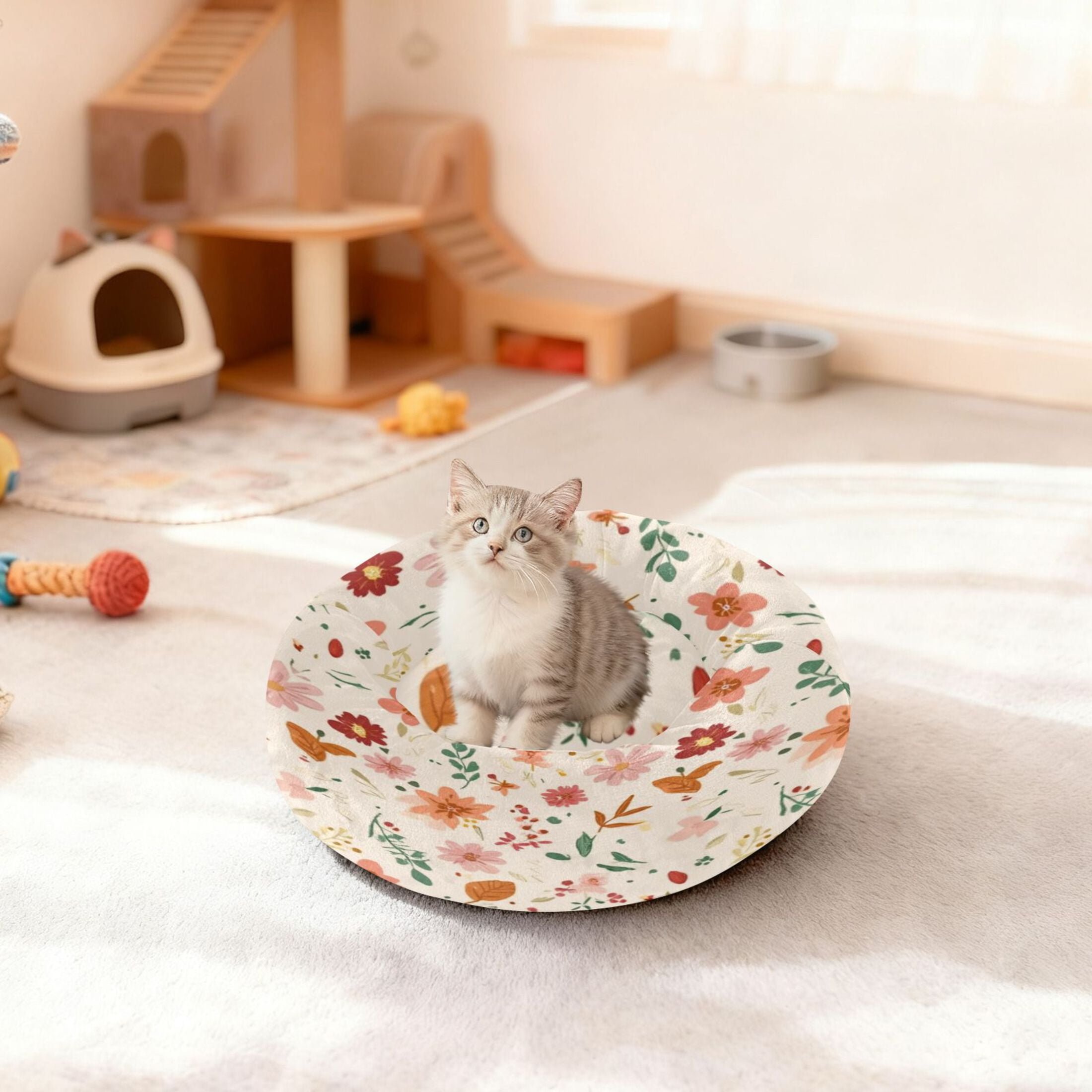 Iauyy Pet Couch Donut Cat Bed for Indoor Cats/Small Dogs Washable & Machine with Non-slip Bottom Calming Cat Furniture, Capture Autumn (M)