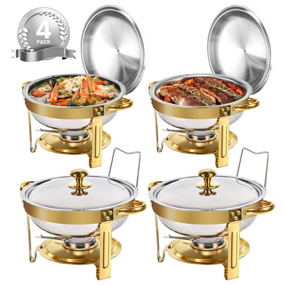 Chafing Dishes for Buffet, 4 Pack 5QT Round Stainless Steel Chafing Dish Set for Home Parties, Christmas Gatherings, Catering Events Complete Buffet Warmer Set (Golden 4)