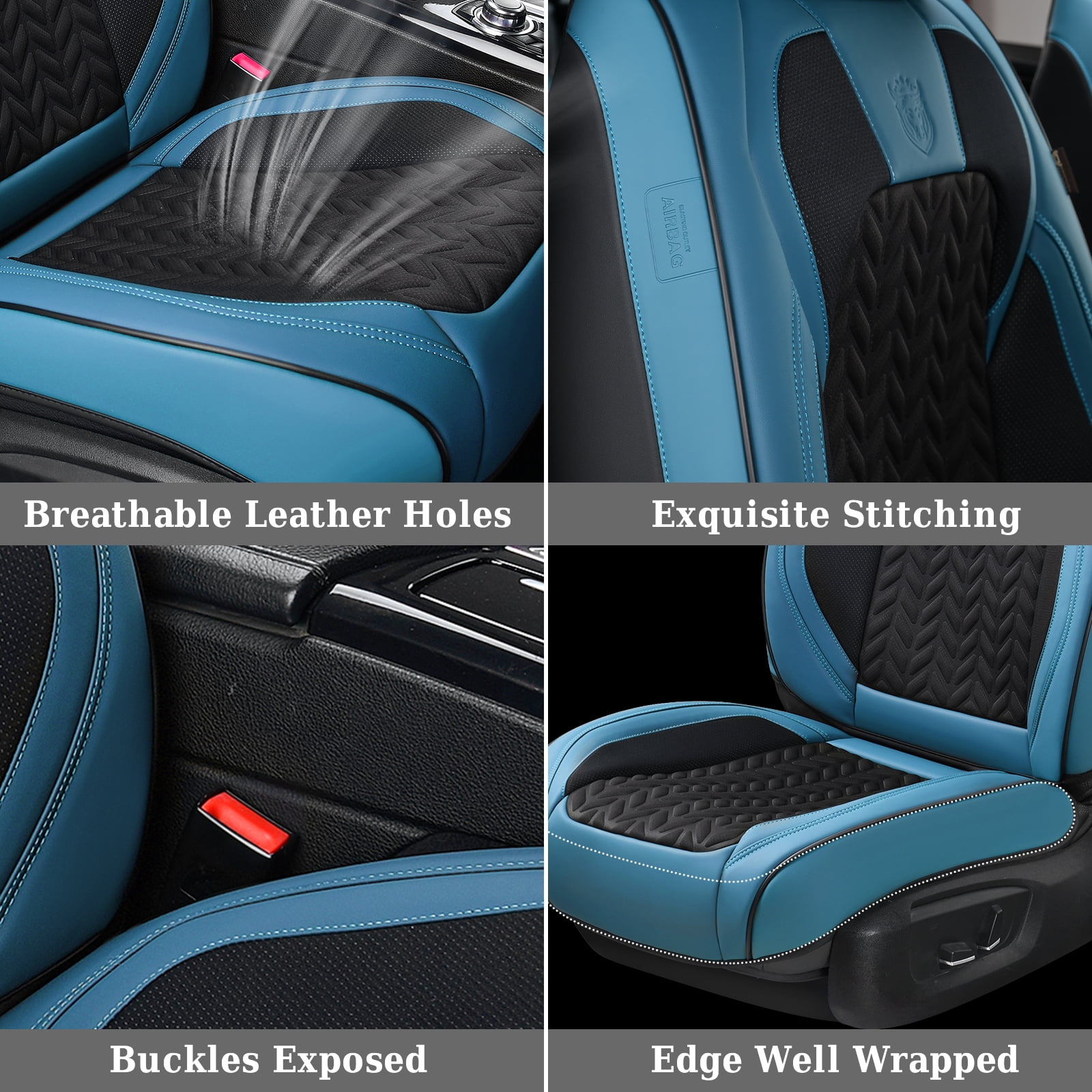 Coverado Black&Blue Car Seat Covers Full Set, Faux Leather Seat Protectors with Embossed Grains, Front and Back Auto Cushions Universal Fit Most Cars, Sedans, SUVs and Trucks