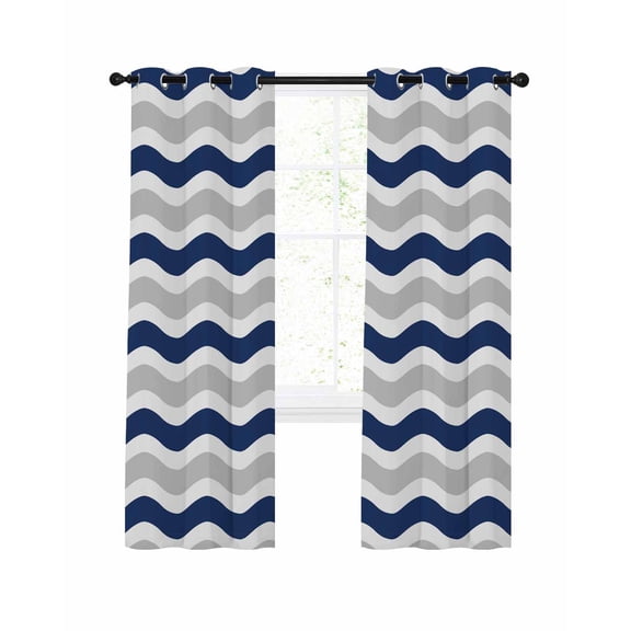 Navy Blue Grey White Blackout Curtains, Light Blocking Print Window Curtains, Abstract Geometric Ocean Wave Stripe Thermal Insulated Window Drapes for Living Room 2 Panels, 55"W x 39"L