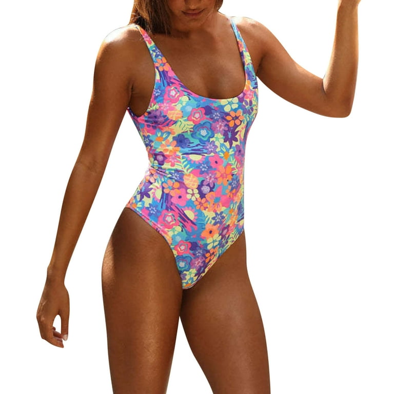Women Sexy Print Swimsuits Deep U Neck Cutout Bathing Suits