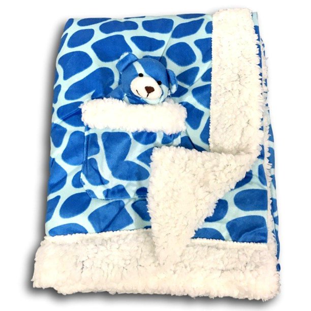 Plush Reversible Velour and Sherpa Baby Blanket with Stuffed Toy BLUE