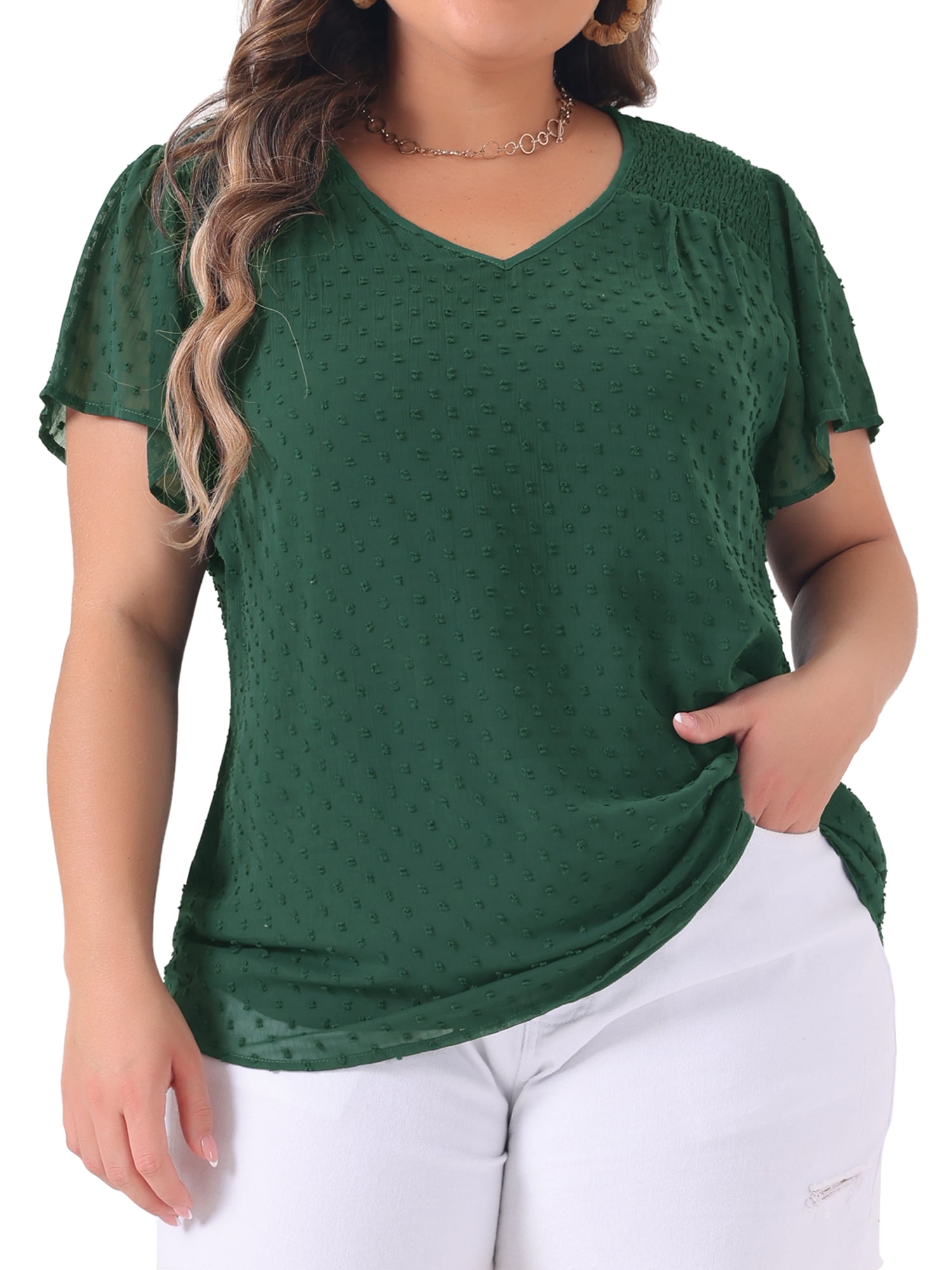 Unique Bargains Women's Plus Size Blouses Pin Dots Smocked Flare Sleeve Top 4X Dark Green