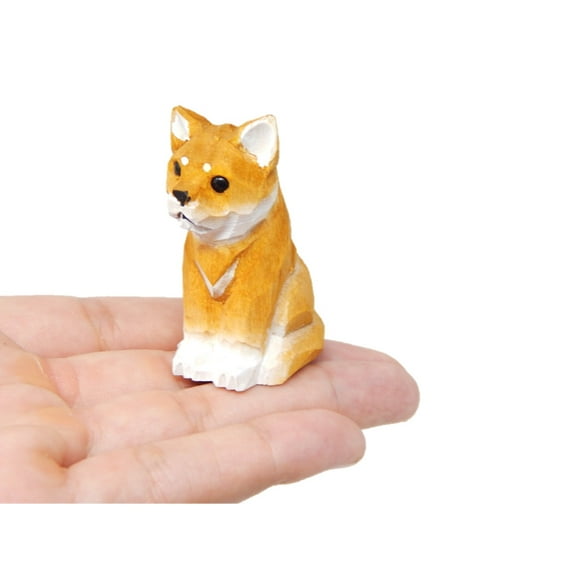 Dog Puppy Figurine - Miniature 2 Inch, Wooden, Carving, Hand-Made, Home Decor, Small Animals, Toy, Pet Canine Hound (Shiba Inu)
