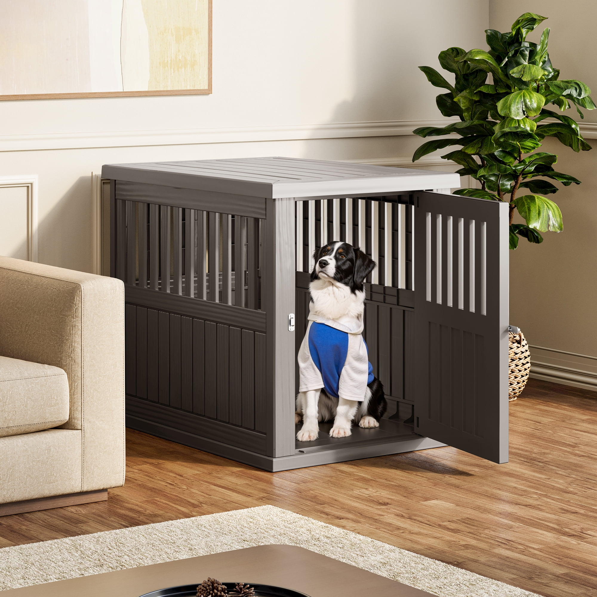Bifanuo Dog Crate Furniture End Table, Decorative Plastic Kennel with Locking Latch for Medium to Large Breeds, Indoor, Gray