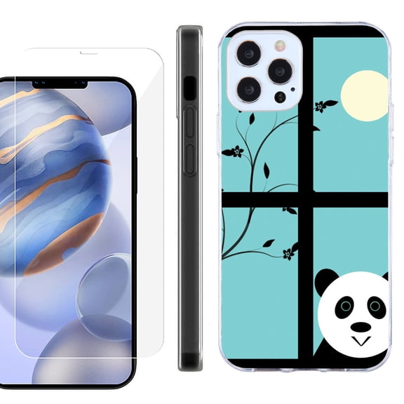 Slim Fit Protective Phone Case for Apple iPhone 12 / iPhone 12 Pro, with Tempered Glass Screen Protector, by OneToughShield ® - Moon Panda