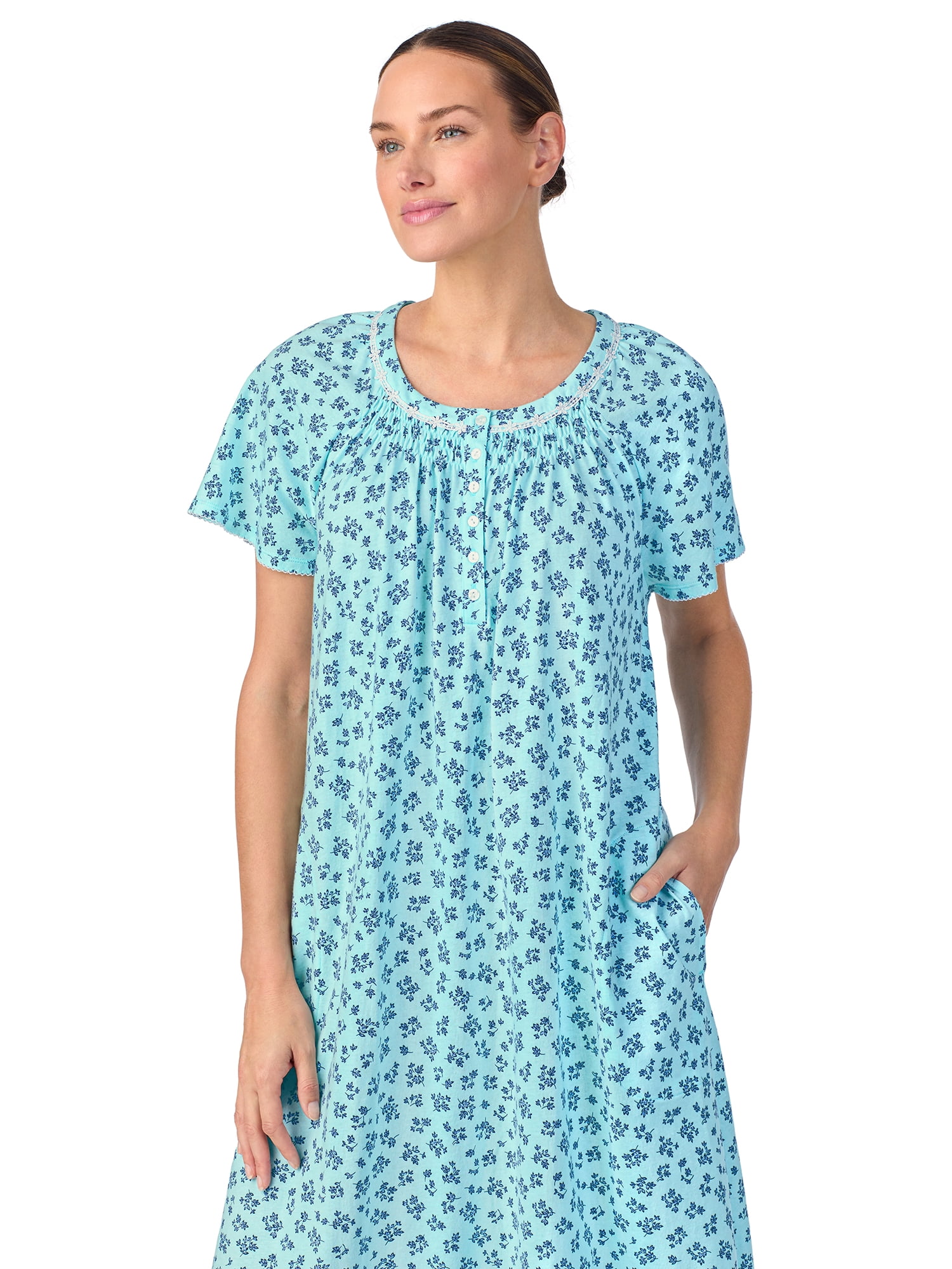 Aria Women's 100% Cotton Raglan Sleeve Smocked Neck Sleepwear 40" Gown, Sizes XS-5X