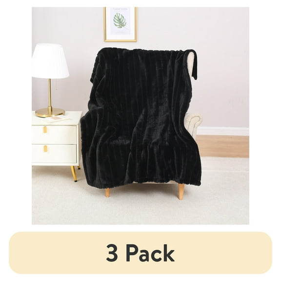 (3 pack) Mainstays Black Stripe Faux Fur Throw, 50" x 60", Adult/Teen