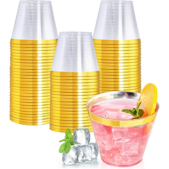 Plastic cup, 9 oz elegant transparent plastic cup golden border disposable wine glass, disposable party cup wedding glass drinking