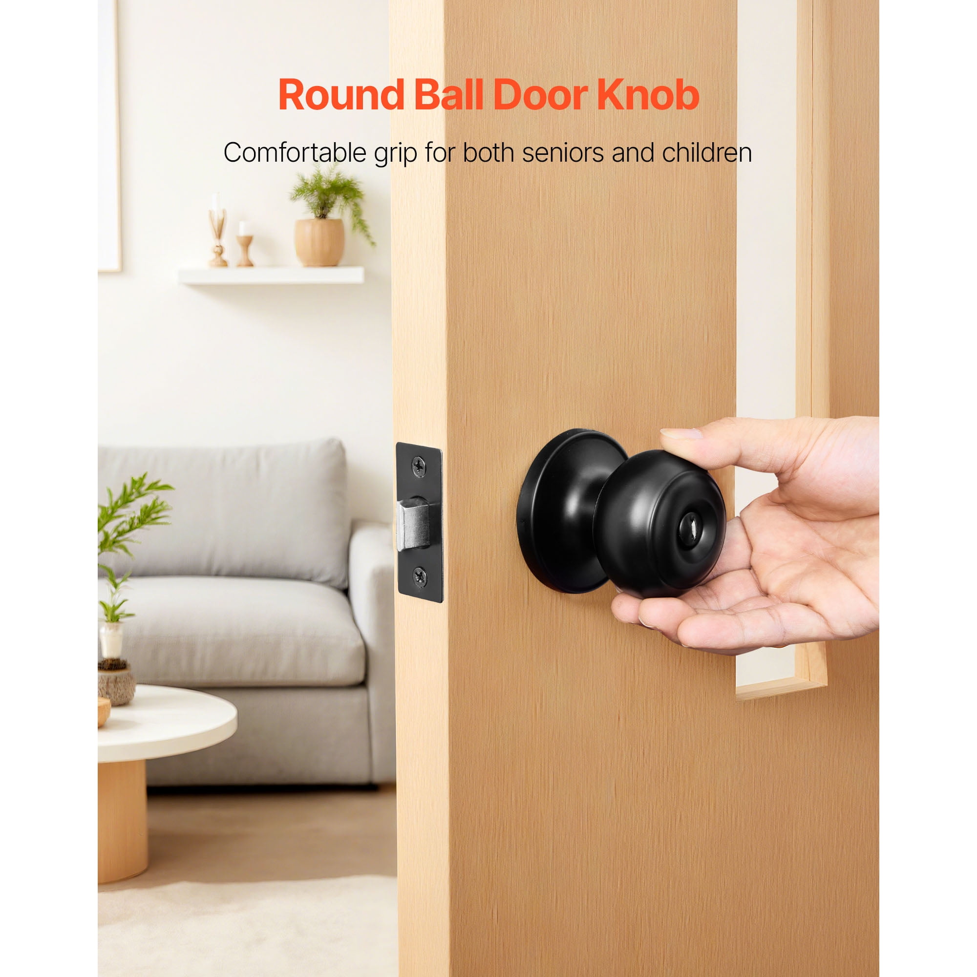 KFFKFF 6 Pack Black Door Knobs, Privacy Door Handles with Round Ball Design, Keyless Exterior and Thumb Turn Interior Lock, Durable Metal Construction, Matte Black Finish for Bedrooms and Bathrooms