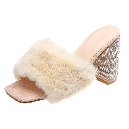 

Wmkox8yii Women s Shoes Casual Square Toe Fashion Slip-on Rhinestone High Heels Plush Sandals