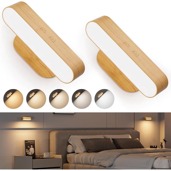 Battery Operated Wall Sconces Set of 2, Wooden Rechargeable Wall Lights for Bedroom with 5 Color Temperatures, Magnetic Stick-On Design, Dimmable Wall Reading Lamps