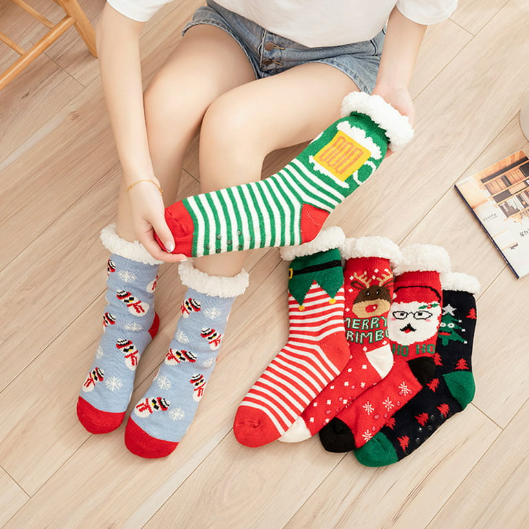 BYDOT Women Men Christmas Thermal Fuzzy Slipper Socks with Grippers Funny  Santa Elk Snowman Print Faux Fleece Lined Non-Slip Floor Foot Warmer