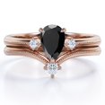 thumbnail image 1 of V-Shaped Milgrain Edge 1.05 Carat Pear Shaped Lab Created Black Diamond and Moissanite Open Wedding Set in 18K Rose Gold Plating over Silver, 1 of 4