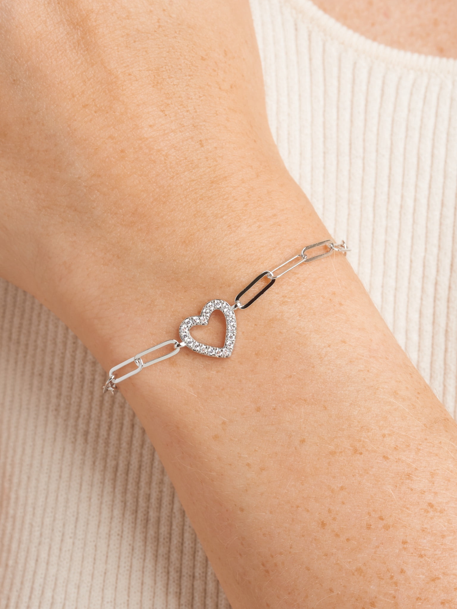 Forever Facets CZ Heart Paperclip Bracelet in Sterling Silver, 6.75" + 1.25" Extender