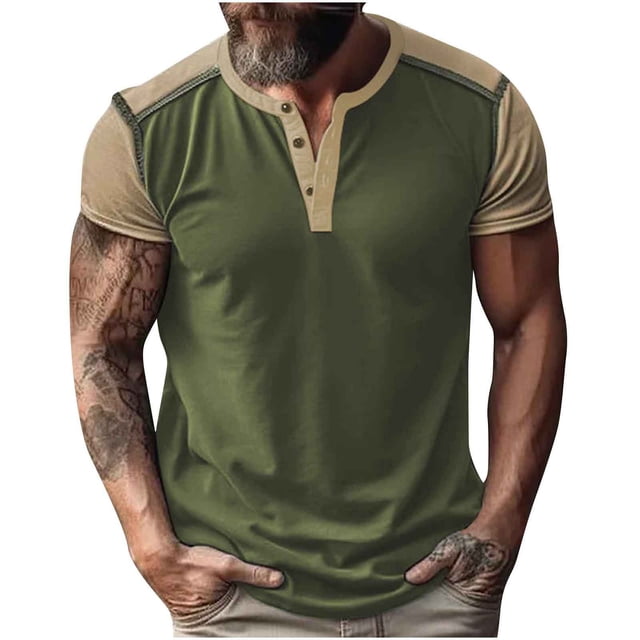 Blusa de Manga Corta Hombres Versátil Moda Color Bloque Botón Cuello Redondo, Camisa Casual Ligera para Diario