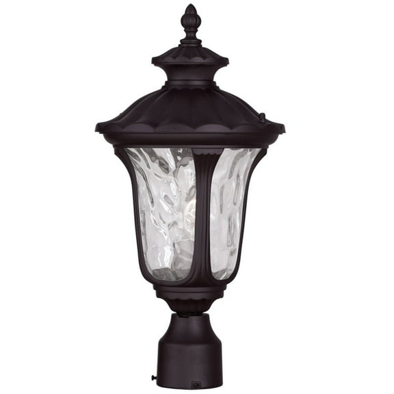 1 Light Bronze Outdoor Post Lantern Pendant Lighting Fixture with Clear Water Glass Shade backed with Cast Aluminum material for patio, front porch, entryway and more