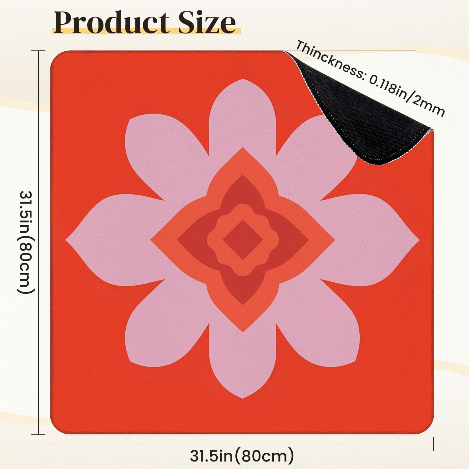 Mahjong Mat 31.5" x 31.5" Abstract Pink Flower Geometric Shapes Vibrant Red Anti-Slip and Noise Reduction Symmetry Design Mahjong Tiles Table Cover for Dominoes Poker Card Board and Tile Games