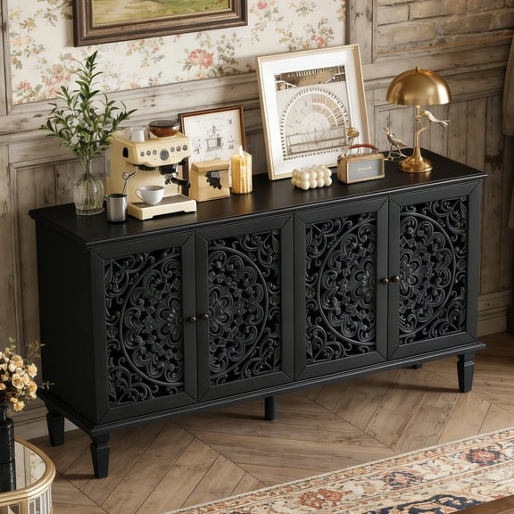 MDQMD 60"Black Sideboard Buffet Cabinet,4 Door Storage Cabinet with Adjustable Shelves,Buffet Cabinets with Storage Modern with Wood Legs&Antique Brass Handles,Carved Cabinets for Living Room