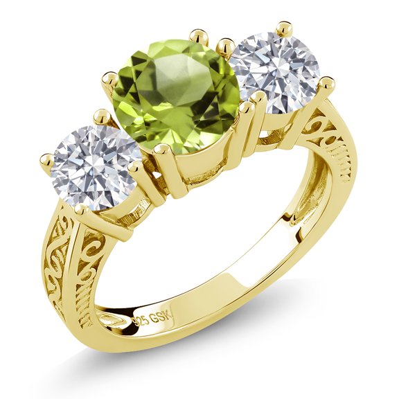 Gem Stone King 18K Yellow Gold Plated Silver Green Peridot and Lab Grown Diamond Engagement Ring for Women | 2.45 Cttw | Round 7MM | Gemstone August Birthstone | Size 8
