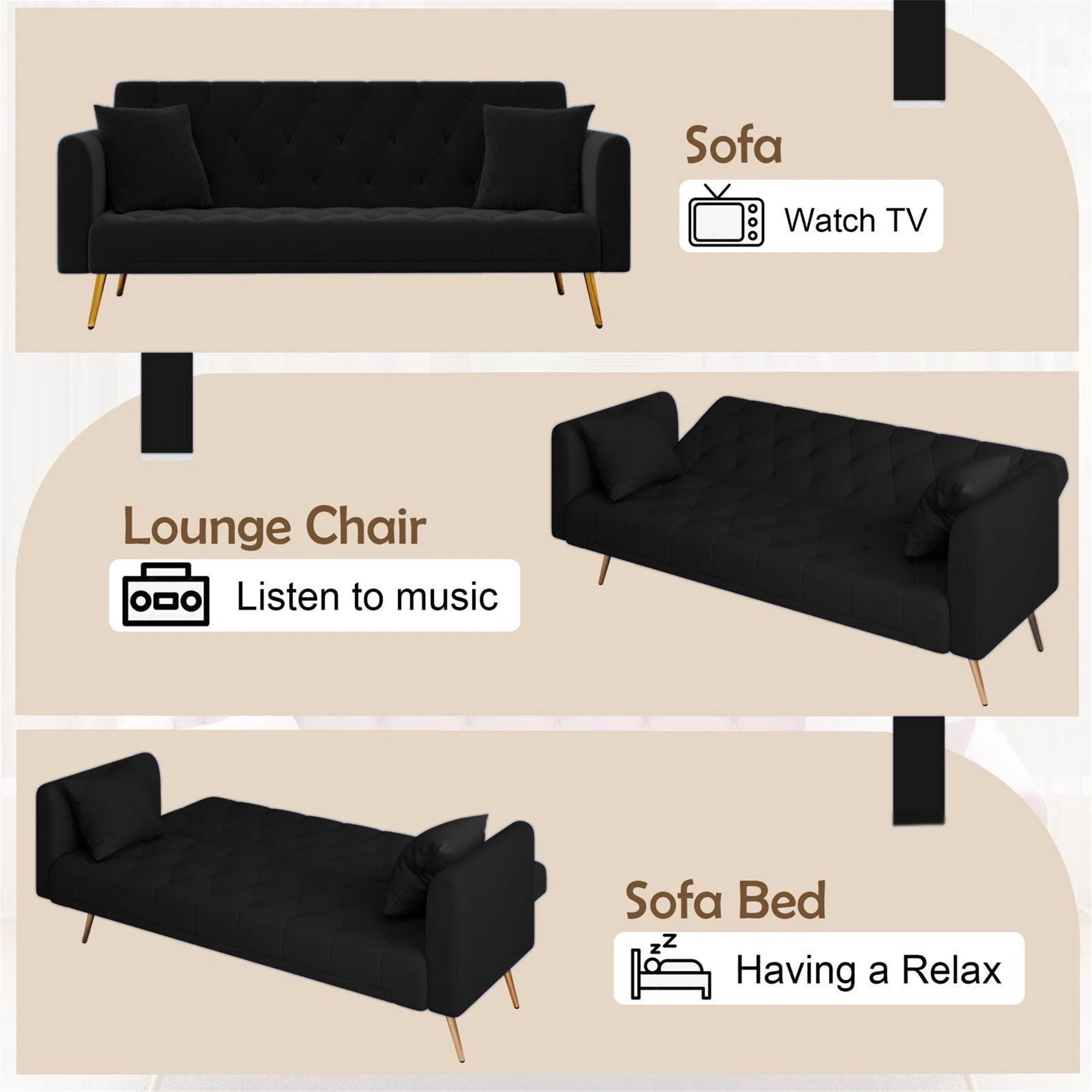 Aukfa Curved Arm Futon Convertible Sofa Bed for Home Office, 2 Pillows, Tufted Back, Velvet, Black