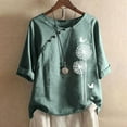 thumbnail image 2 of Scyoekwg Summer Tops for Women Trendy Cotton Linen Short Sleeve T Shirts Casual Round Neck Button Dandelion Print Graphic Tees Shirts Loose Fit Blouses Tunic #A=Green XL, 2 of 6