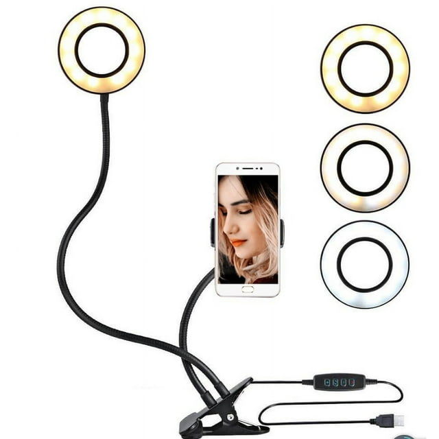 Anillo de luz para selfies con brazo largo y soporte para teléfono móvil para chat en vivo en línea (negro) JM
