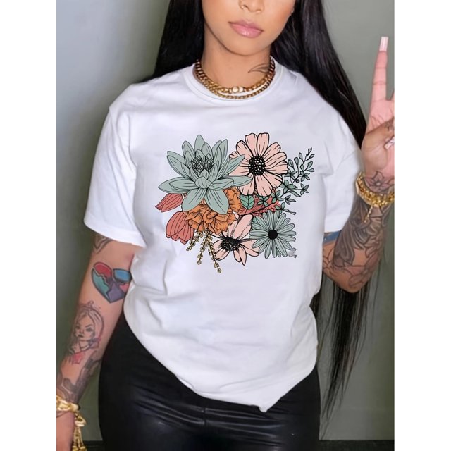 Women's Floral Cotton T-Shirt, Casual Crew Neck, Short Length, Summer Knit Fabric Top with Applique for Daily Wear or Gifting