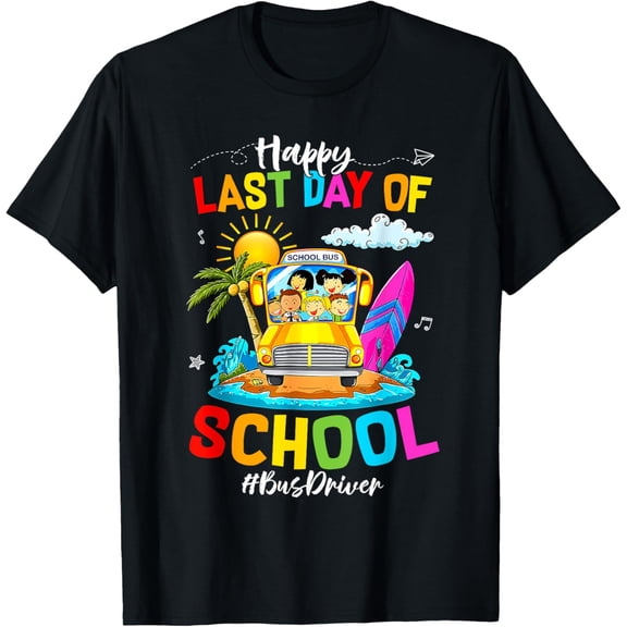 Retro Happy Last Day of School Bus Driver Graphic Tee Tropical Summer Vacation Appreciation Apparel