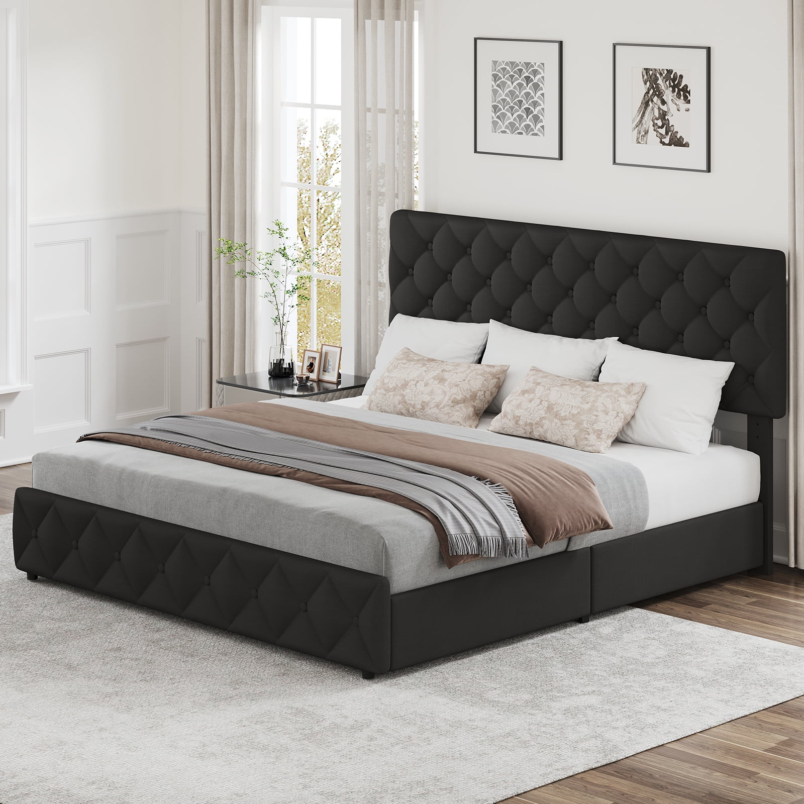 Upholstered Queen Platform Bed Frame with 4 Storage Drawers Adjustable Headboard, PU Leather Platform Storage Bedframe with Button Tufted, Wooden Slats Support, No Box Spring Needed, Noise-Free