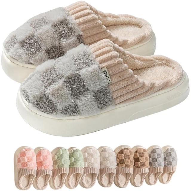 Kawaii Checkered Slippers Unisex Cute Fluffy Home Slippers Fuzzy Slippers