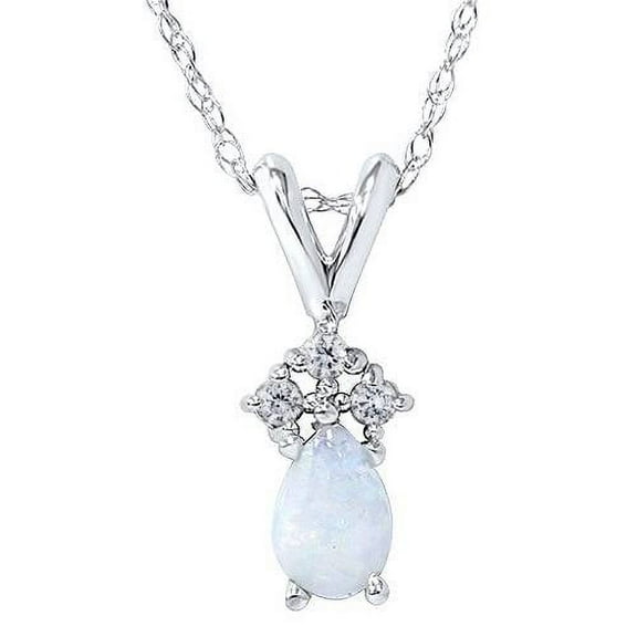 Pompeii Pear Shape Opal & Diamond Solitaire Pendant 14K White Gold With 18" Chain