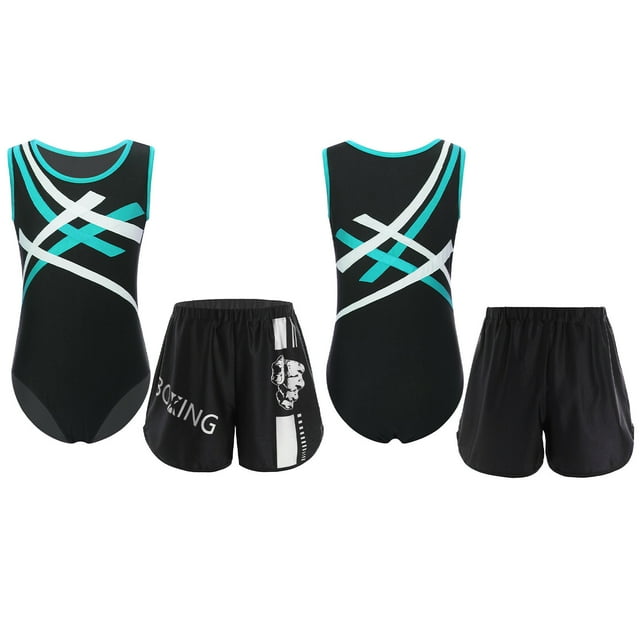 Hansber Ensemble de Sport 2 Pcs pour Garçons, Boxeur Sans Manches avec Short de Combat Muay Thai, Bleu Vert 12