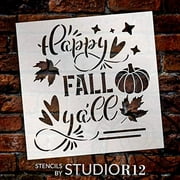 Happy Fall Yall Stencil by StudioR12  DIY Autumn Farmhouse Home Decor  Craft & Paint Wood Sign  Reusable Mylar Template  Leaves Heart Pumpkin Cursive Script  Select Size 18 inches x 18 inches