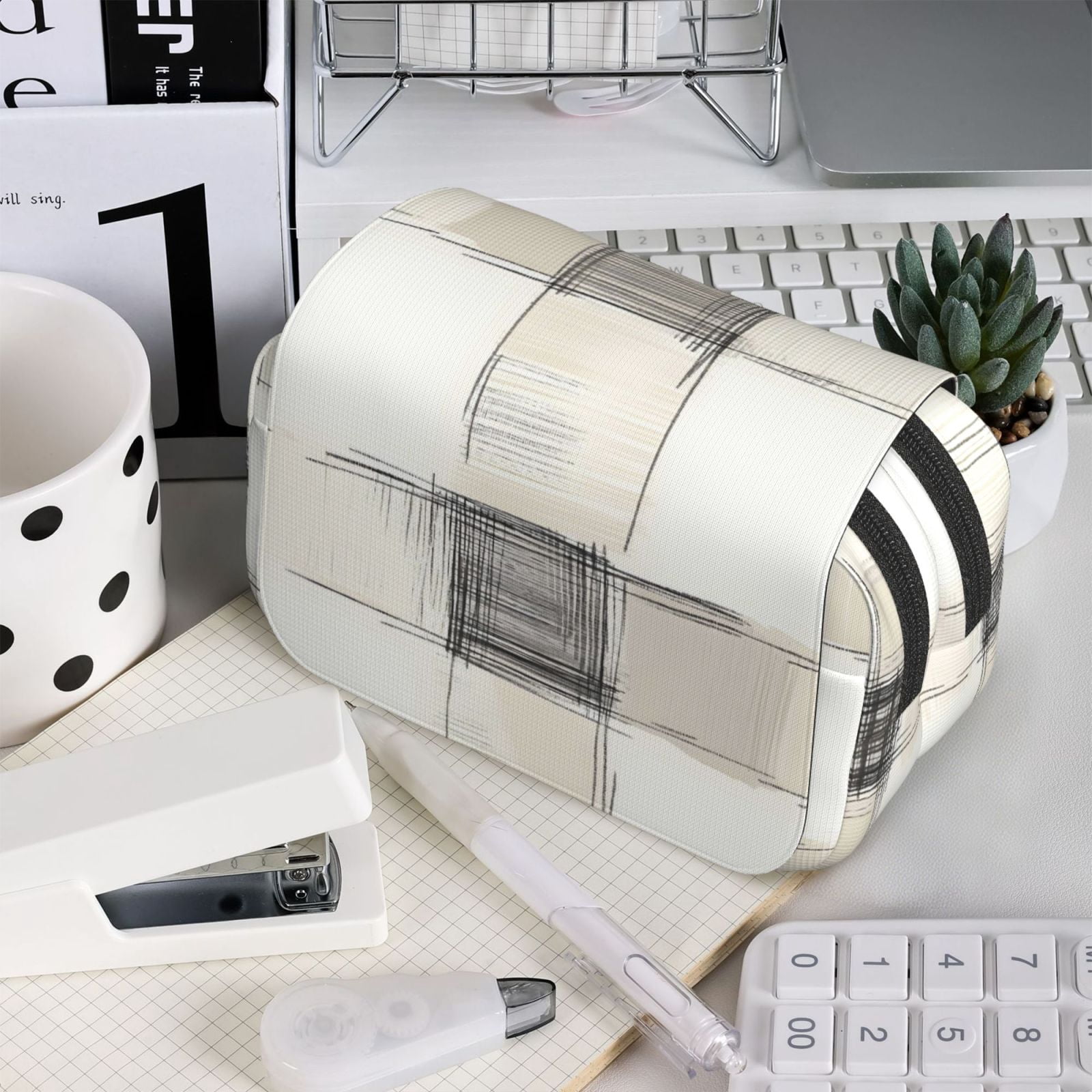 Large-Capacity Flip-Top Double-Layer Pencil Case, Multi-Functional Pocket Pen Case, Durable Stationery Organizer Ivory Checked Hand-Drawn Sketch_3