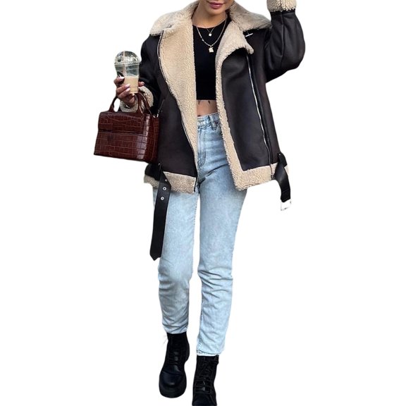 LMLYSoH Women PU Leather Coat Winter Lapel Collar Fleece Lining Long Sleeve Zipper Jacket Outwear with Pockets