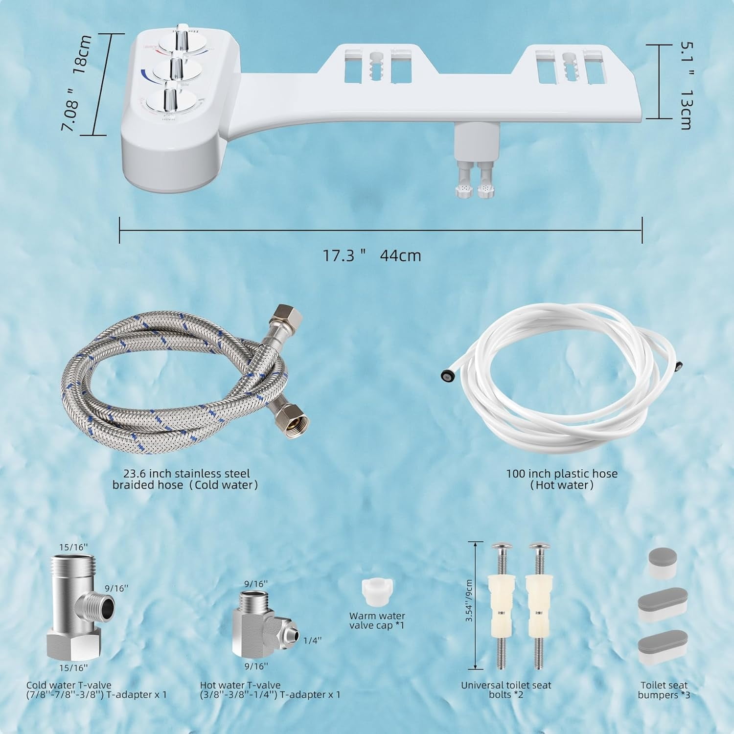 Bidet Attachment for Toilet, Self Cleaning Dual Nozzle, Hot & Cold Water  Non- Mechanical Bidet Toilet Seat for Rear or Female Washing Sanitizing, Adjustable Water , White