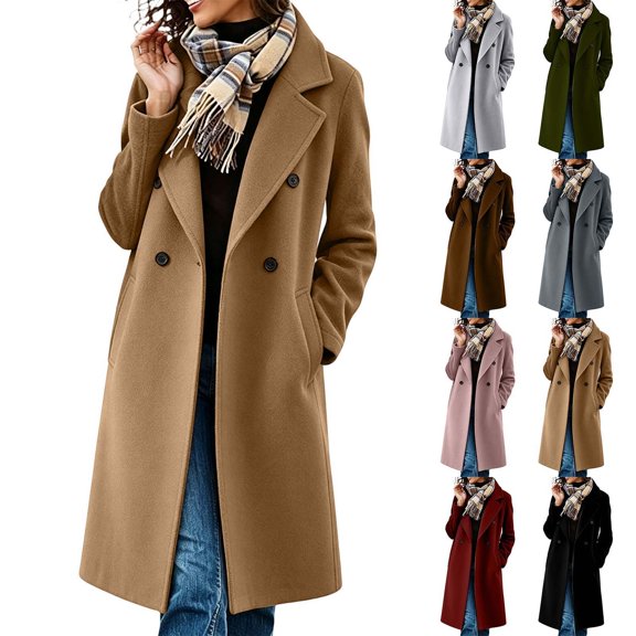 Women's Fall Winter Trench Coat Long Sleeve Dress Overcoat Heavy Insulated Peacoats with Pockets Khaki S