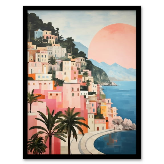 Amalfi Sunrise Mediterranean Urban Landscape Oil Painting Pink Blue Green Coastal Cityscape Art Print Framed Poster Wall Decor 12x16 inch