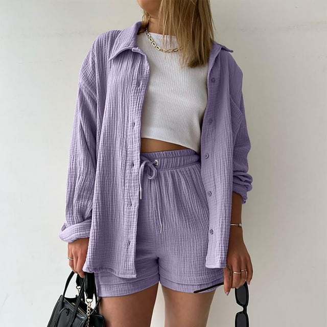 Ensemble Deux Pièces pour Femmes Été, Chemise à Manches Longues Col Rond Taille Haute avec Cordon de Serrage, Ensemble Décontracté, Cadeaux pour Femmes, m