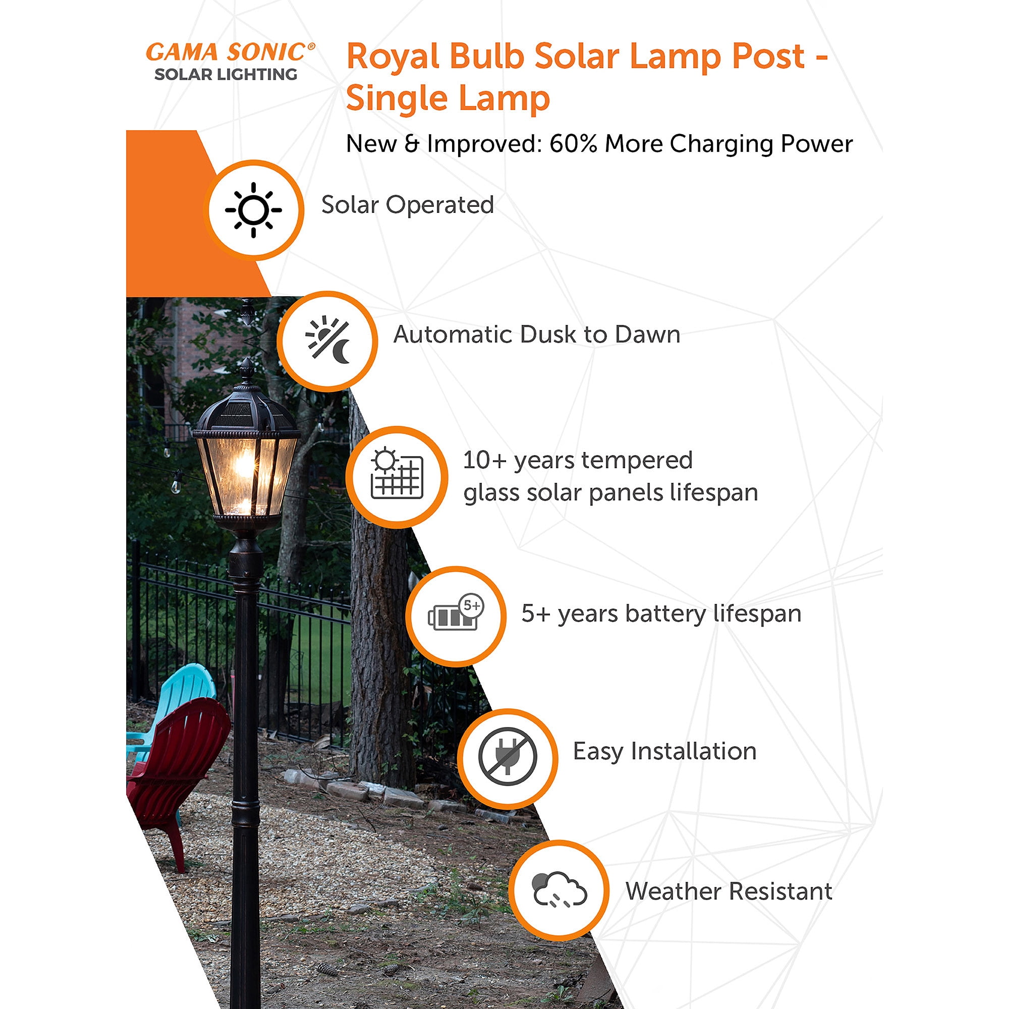 Gama Sonic Outdoor Solar Lamp Post Light, Brushed Bronze Aluminum and Rainwater Glass Panels, 10-Year Royal Bulb, Warm White LED with Omni-Direction Reflector, 87-inch Height, 98B101