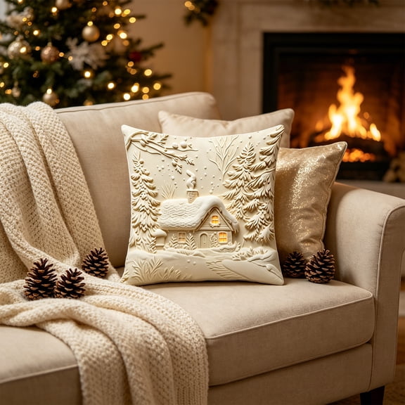 Festive Holiday Cushion Cover, 17.7 x 17.7 inch Christmas Faux 3D Printed Pillowcase with Detailed Seasonal Artwork, Winter Throw Pillow Accent for Sofa, Bed, Armchair, Bench & Home Decor