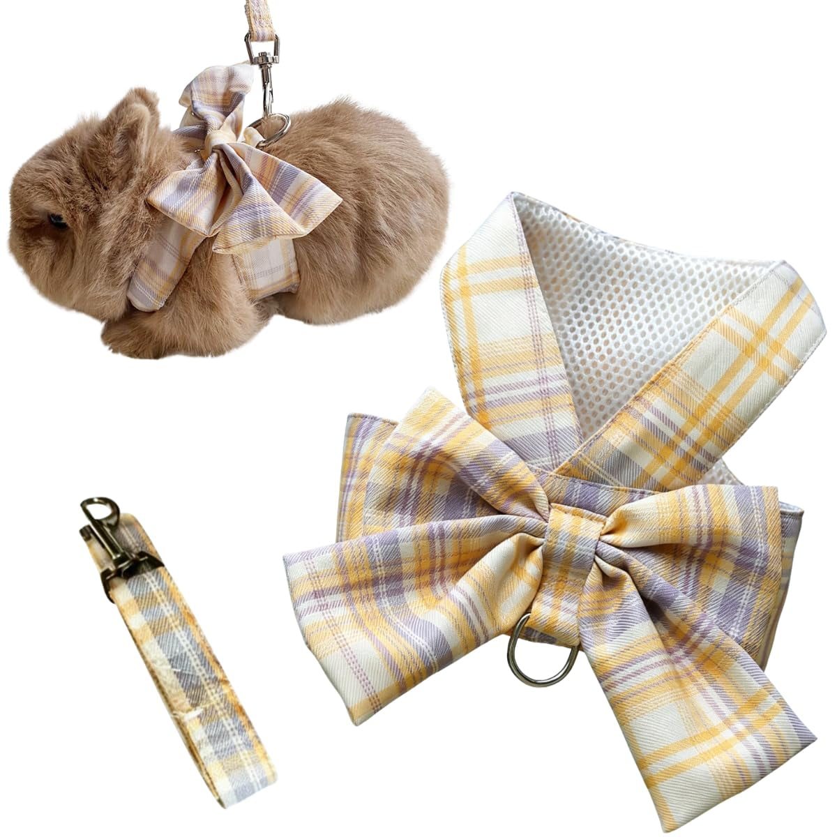 Plaid Rabbit Harness and Leash Set Breathable Mesh Small Pet Vest with Bowknot for Guinea Pigs Ferrets Bunny