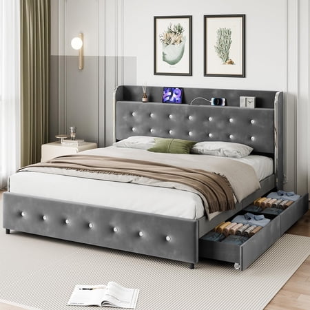 Garvee Queen Size Upholstered Bed Frame with Trundle & 4 Storage Drawers Diamond Tufted Headboard Built-in Charging Station No Box Spring Required Easy Assembly Gray