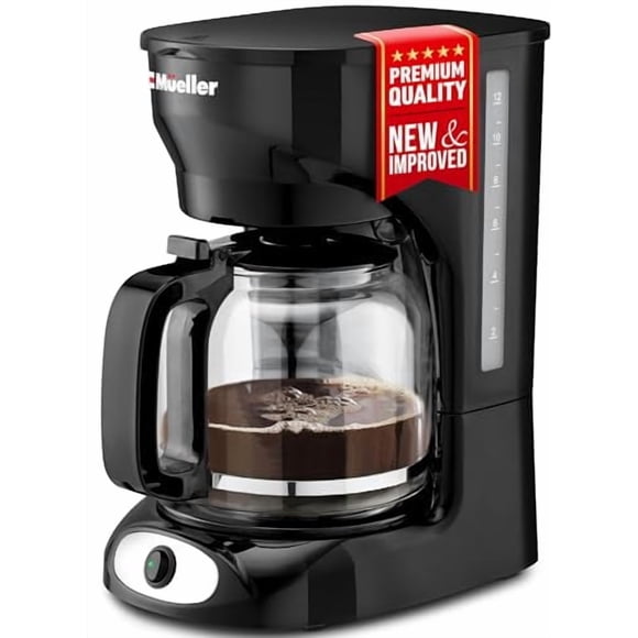 Mueller 12-Cup Drip Coffee Maker - Borosilicate Carafe, Auto-Off, Reusable Filter, Anti-Drip, Keep-Warm Function, Clear Water Level Window Coffee Machine, Ideal for Home or Office